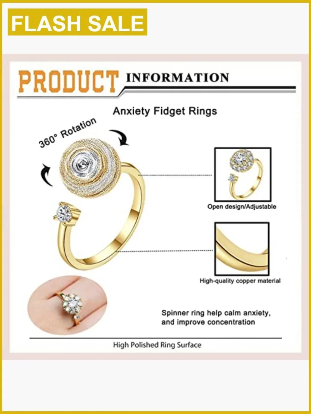 6 Pcs Adjustable Spinner Anxiety Rings Set Fidget Rings Stress Relief